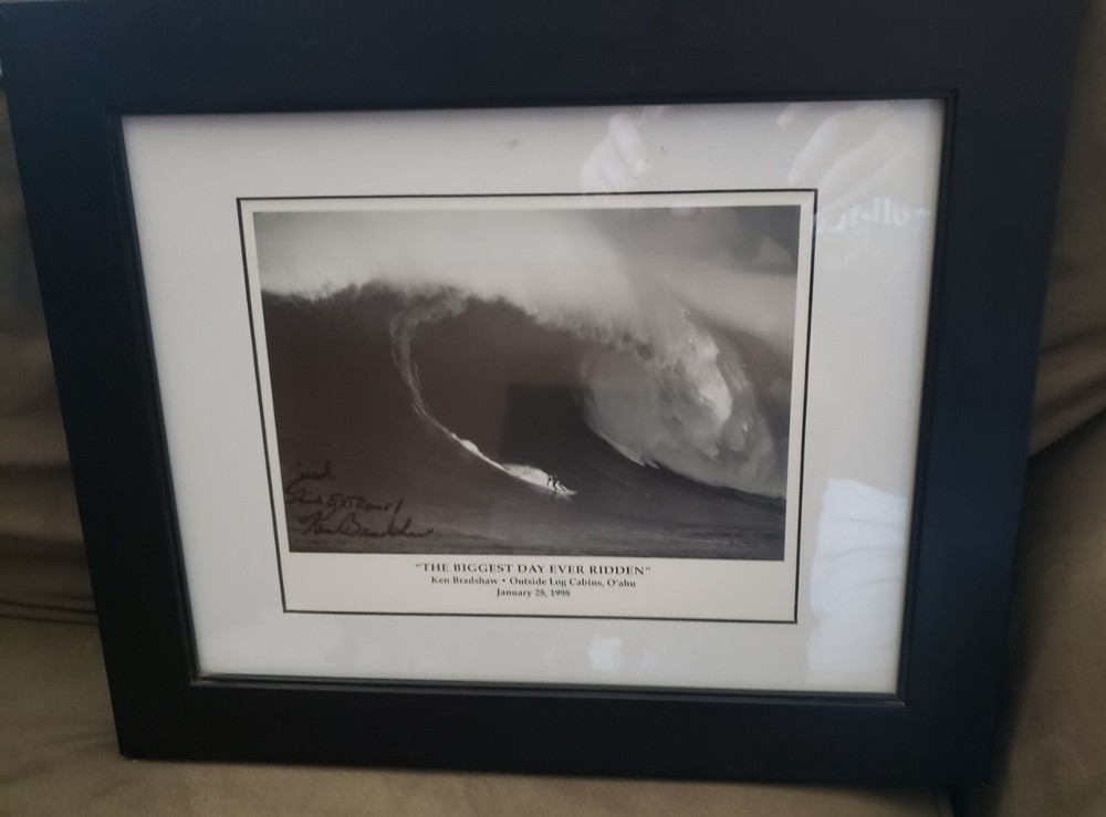 Ken Bradshaw Surfing 80' Wave Oahu 1998 Framed Signed Think Extreme!