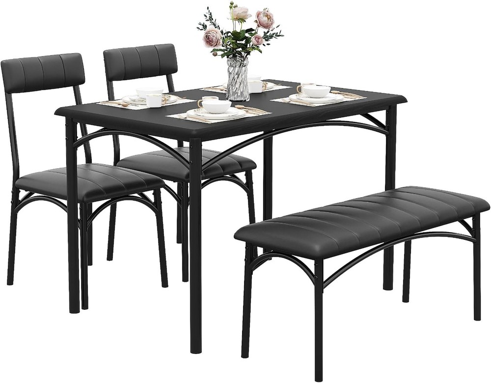 Dining Table Set 4 Space-Saving Wood Kitchen Table W/ Upholstered Bench & 2
