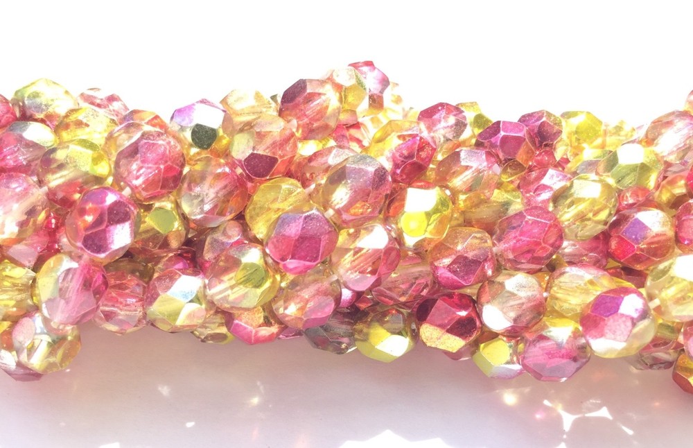 Czech Firepolish Two Tone Galaxy & Lime Green Luster 25 Bead Strand.