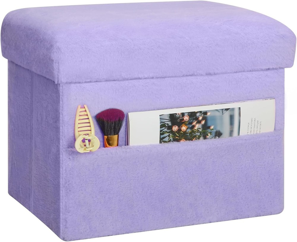 Small Ottoman W/ Storage Folding Soft Fur Storage Foot Rest Stool W/ Thicker