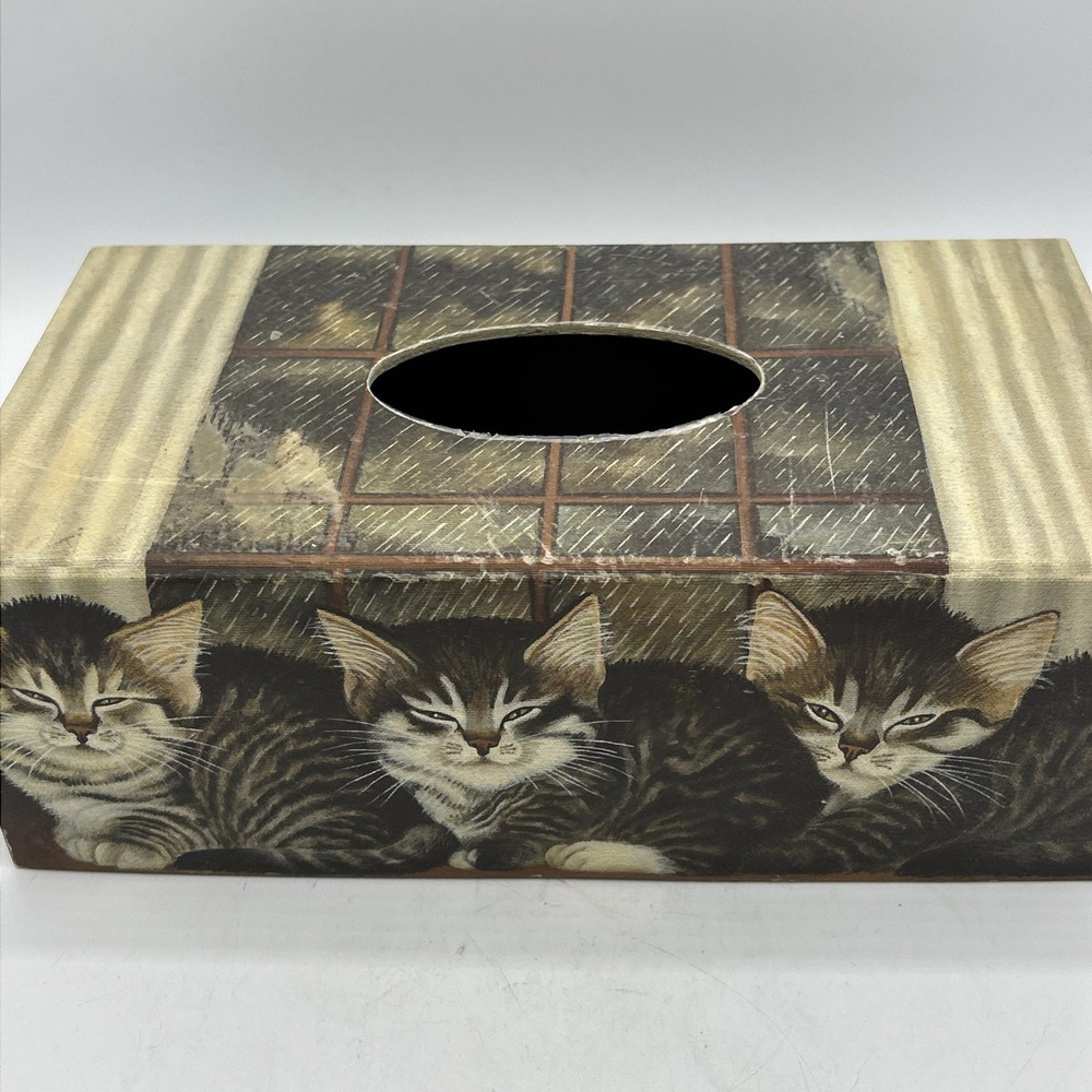 Primitive Tissue Box Bob’s Boxes All Creatures Cats Kittens Rainy Window VTG