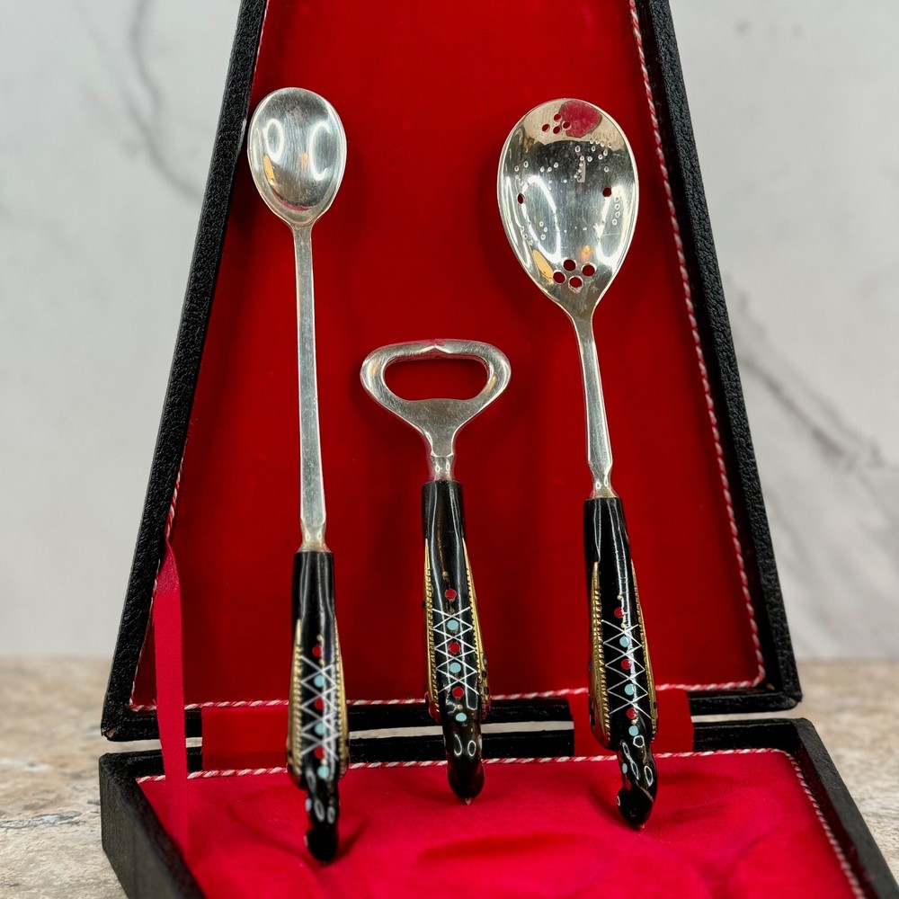 Jezzine Silver Bar Set Hand-painted Firebird Phoenix Bird Handles Storage Case
