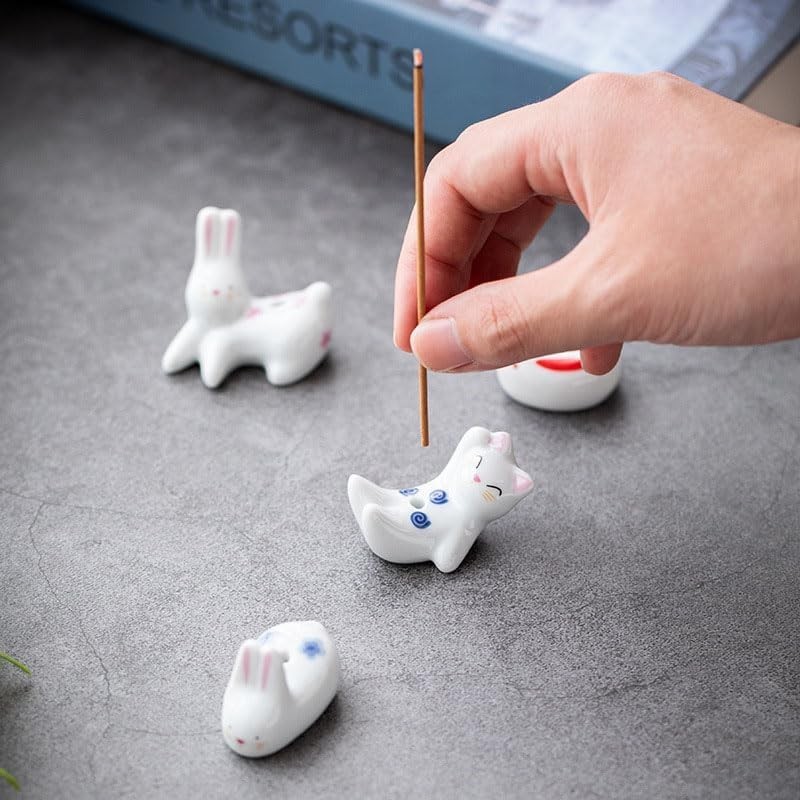 Cute White Rabbit & Cat Ceramic Incense Holders - 4Pc Set for Tranquil Spaces