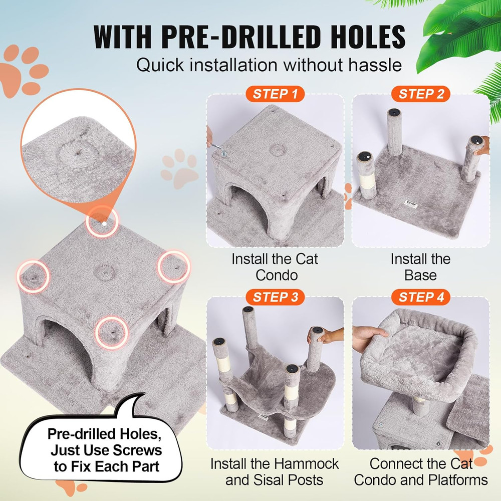 Deluxe 63" Cat Tree with Condos, Hammock, Scratching Post & Perch - Light Grey