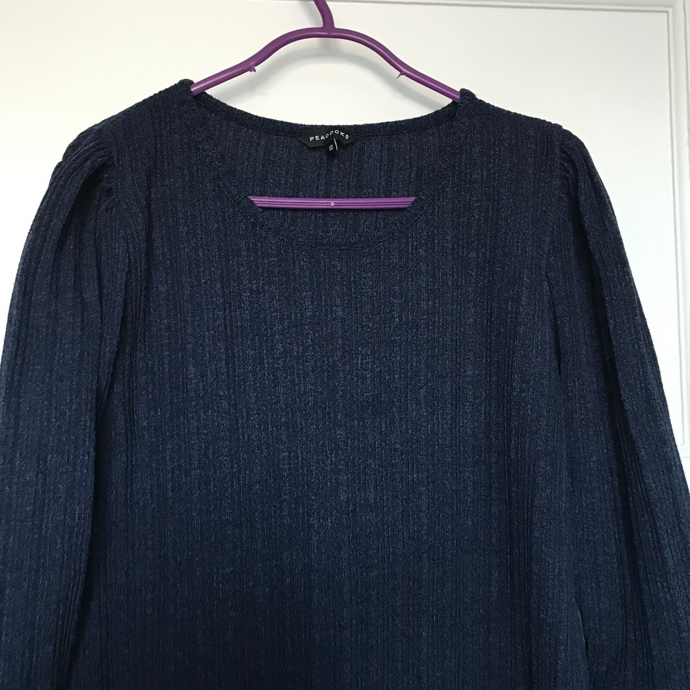 Peacocks Navy Blue Stripe Jumper Size 12 3/4 Sleeve Round Neck Thin Pullover
