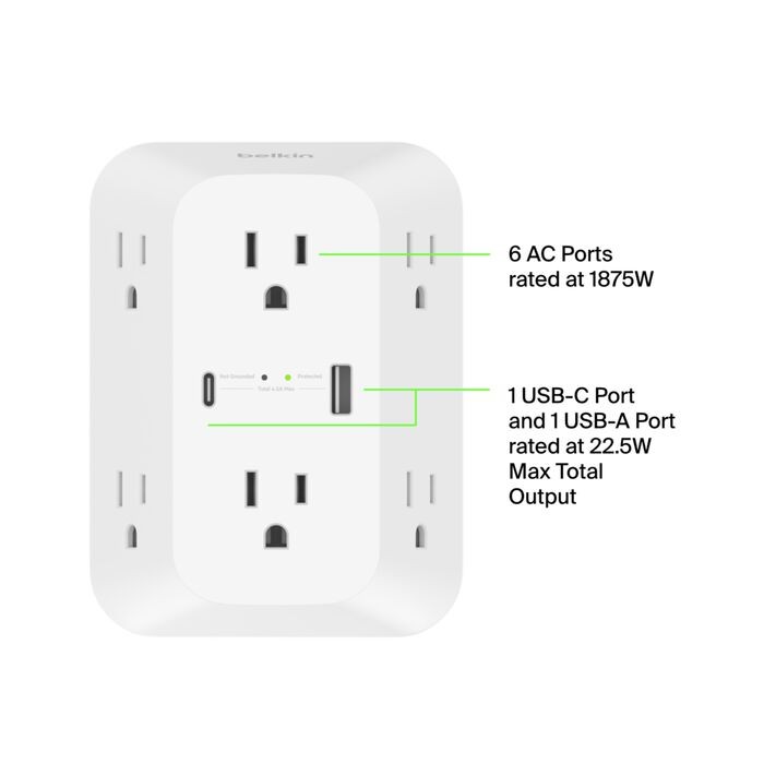 6 Outlet Wall Surge Protector with USB-C and USB-A, White