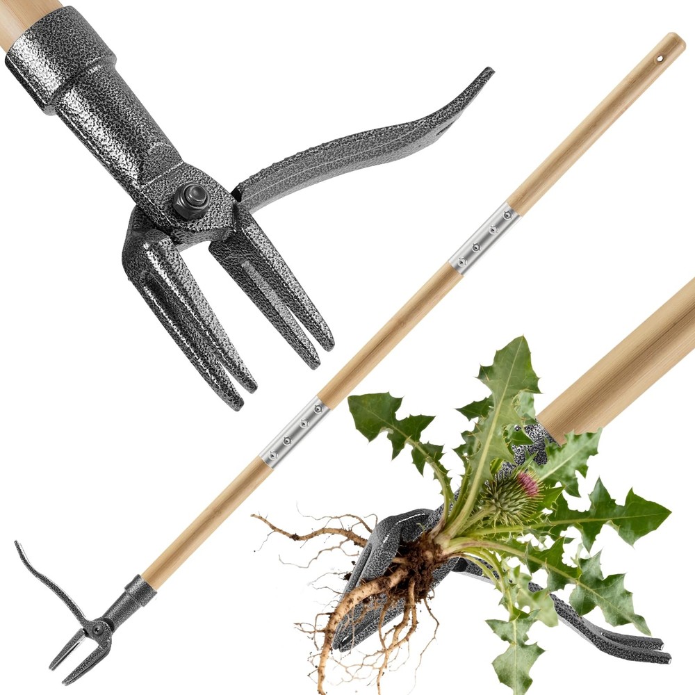 Heavy Duty Stand Up Weed Puller Tool - 46" Long Handle & 4-Claw Steel Head, E...