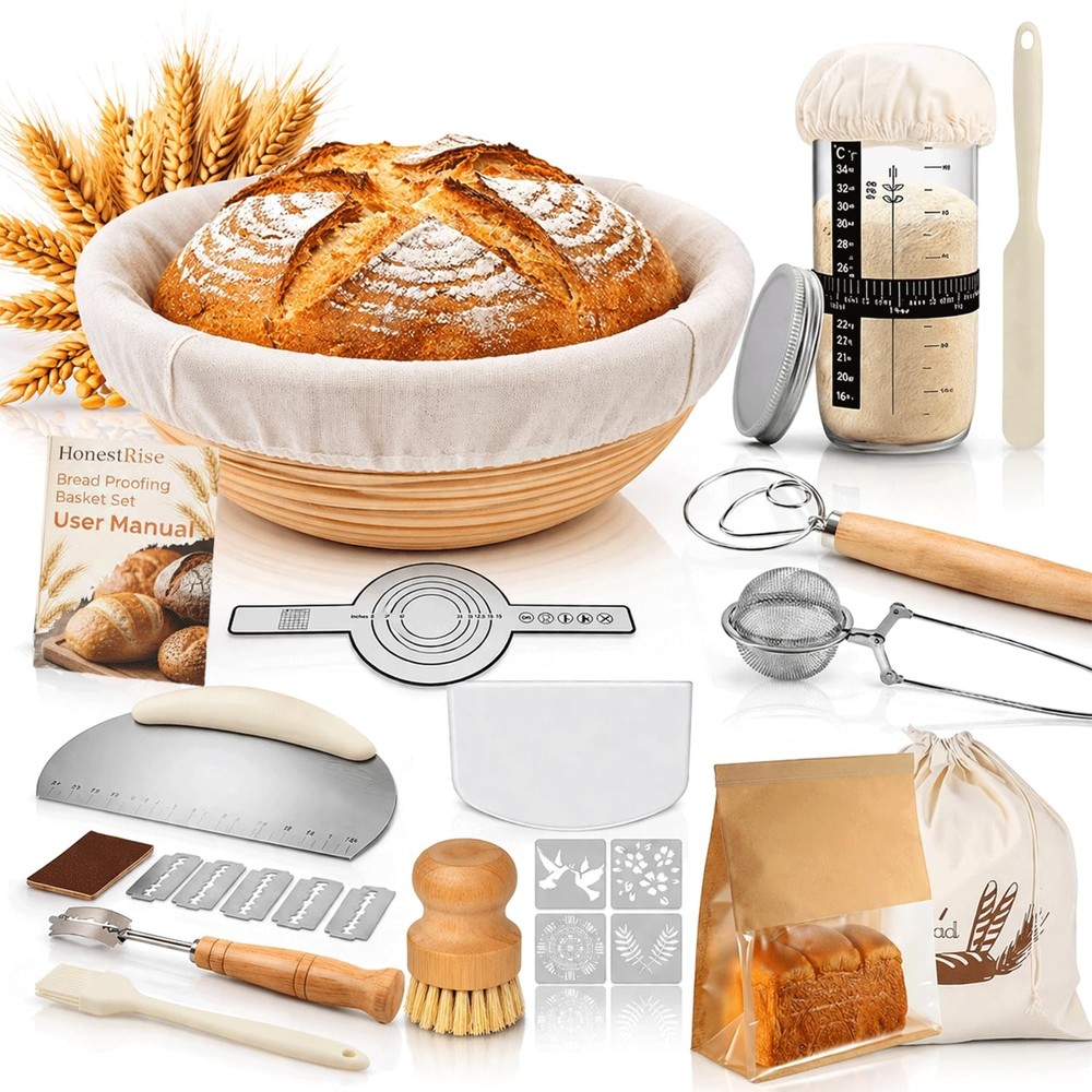 Sourdough Starter Kit: 9" Banneton Basket, Jar & Bread Making Tools Set