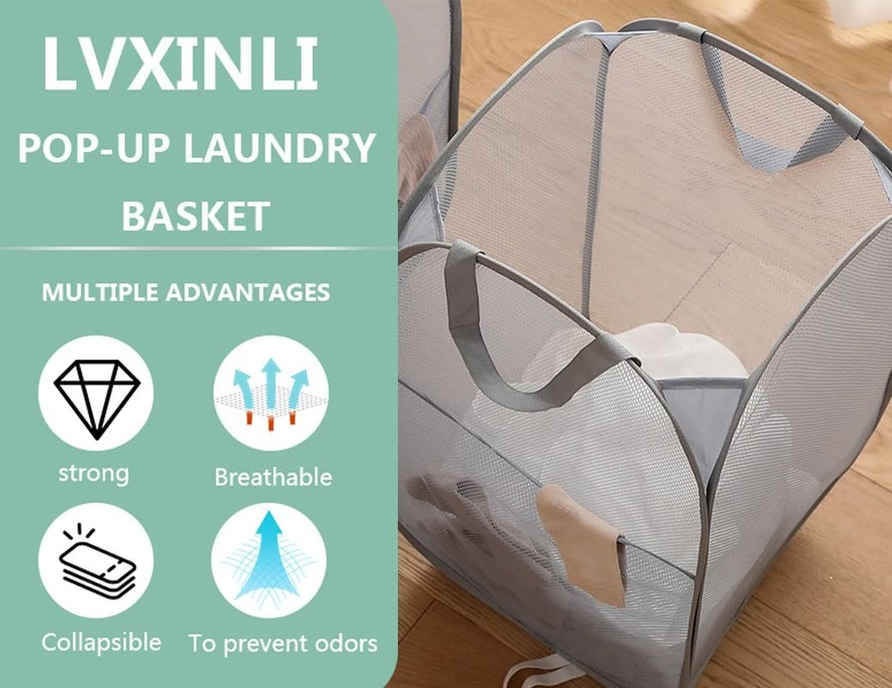 2 Pack Mesh Laundry Basket,Foldable Popup 14" x 13" x 24", Gray+ Gray