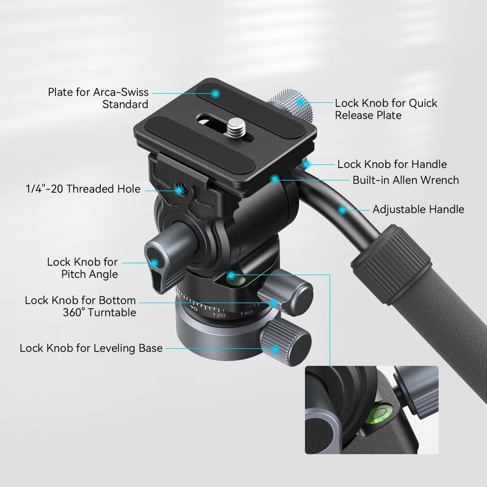 Video Head with Leveling Base, Quick Release Plate for Arca Swiss and Adjusta...