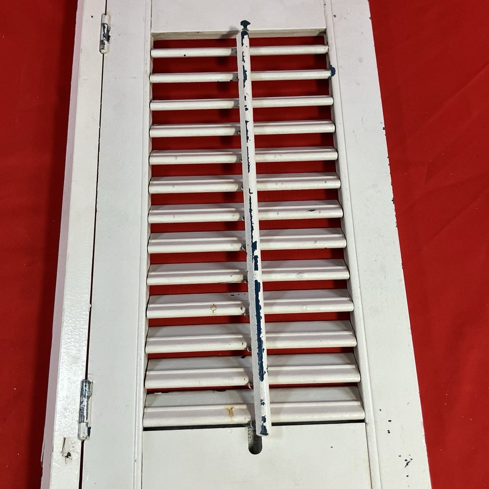 Vintage Wood Louvered Panel Window Shutters / Painted White Rustic / Flaws No 5