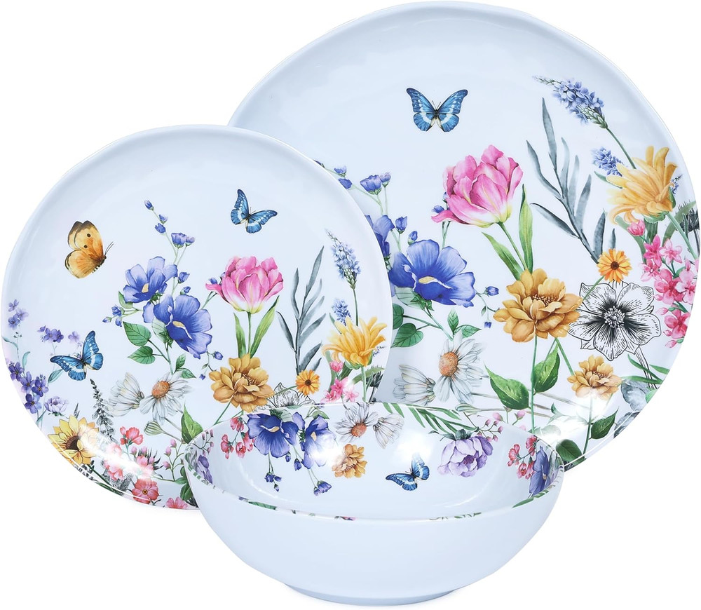 12 Piece Melamine Dinnerware Sets - Plates and Bowls Sets Floral Dinnerware Sets
