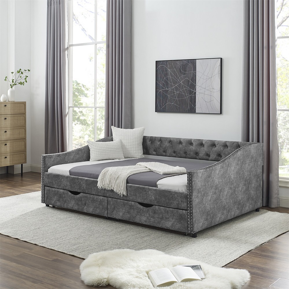 Full Size Daybed Upholstered Bed Frame Sofa Bed w/ 2 Storage Drawers US