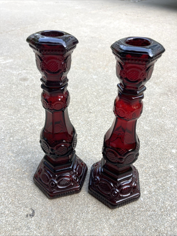 Avon 1876 Cape Cod Ruby Red Glass Candlestick Holders - Vintage - Pair 2 Empty