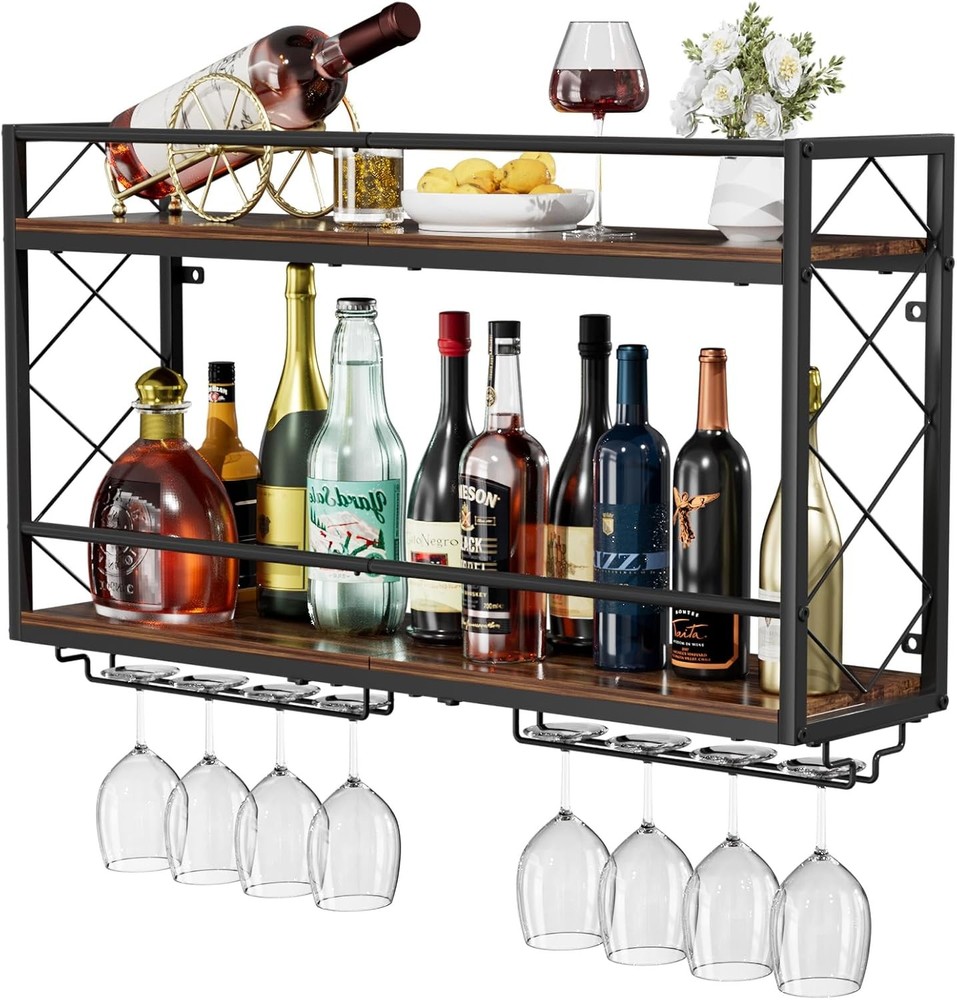 Wine Rack Wall Mounted 2 Tier Wall Wine Rack W/ Glass Holder Double Layer