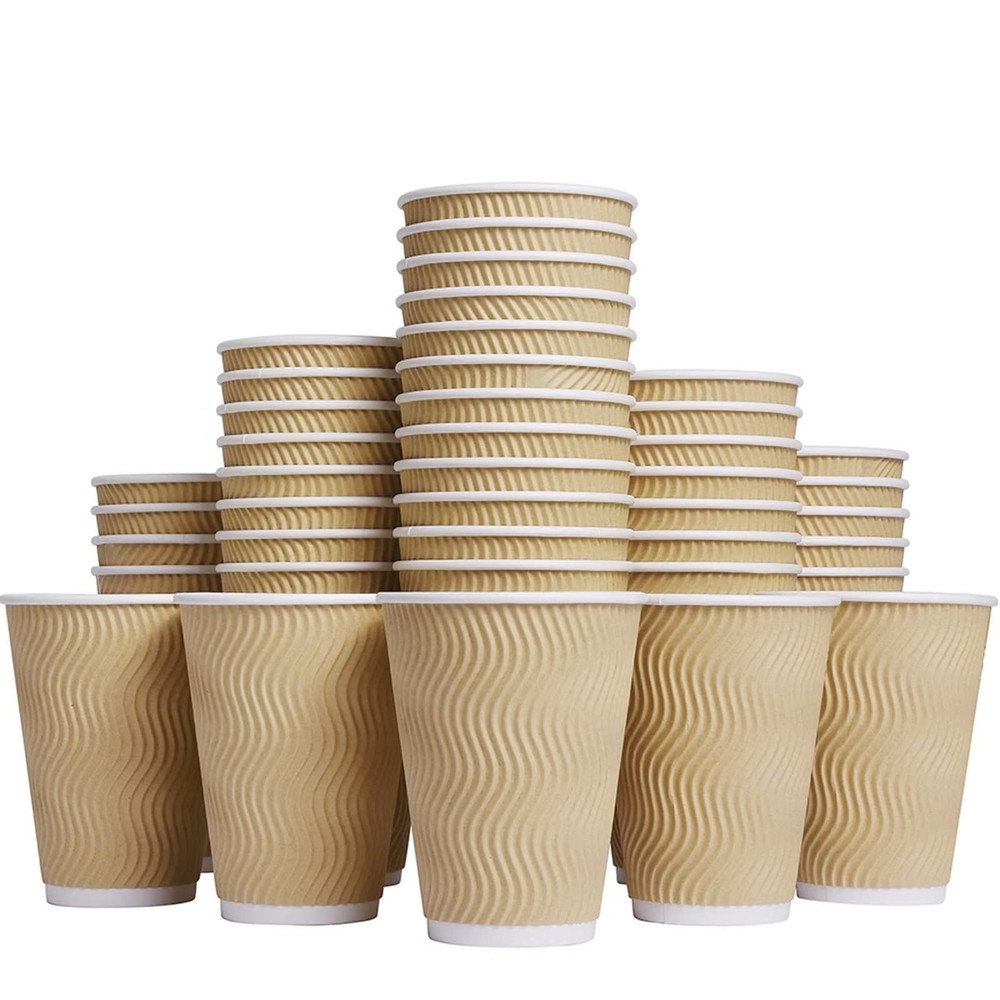 Hot Cups_12 oz Disposable Insulated Corrugated Sleeve Ripple Wall Cup 100 pcs...