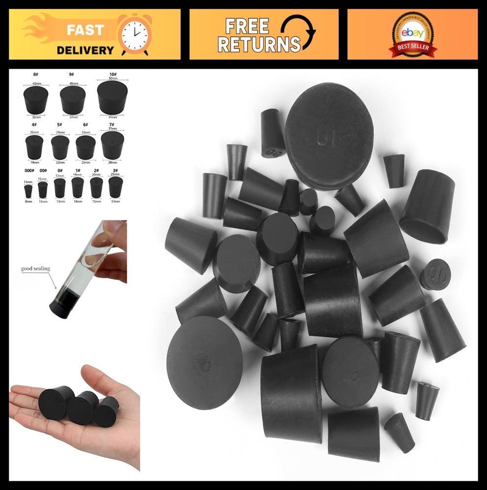 34 Pack Solid Rubber Stoppers - 13 Assorted Sizes, Black Tapered Lab Bungs
