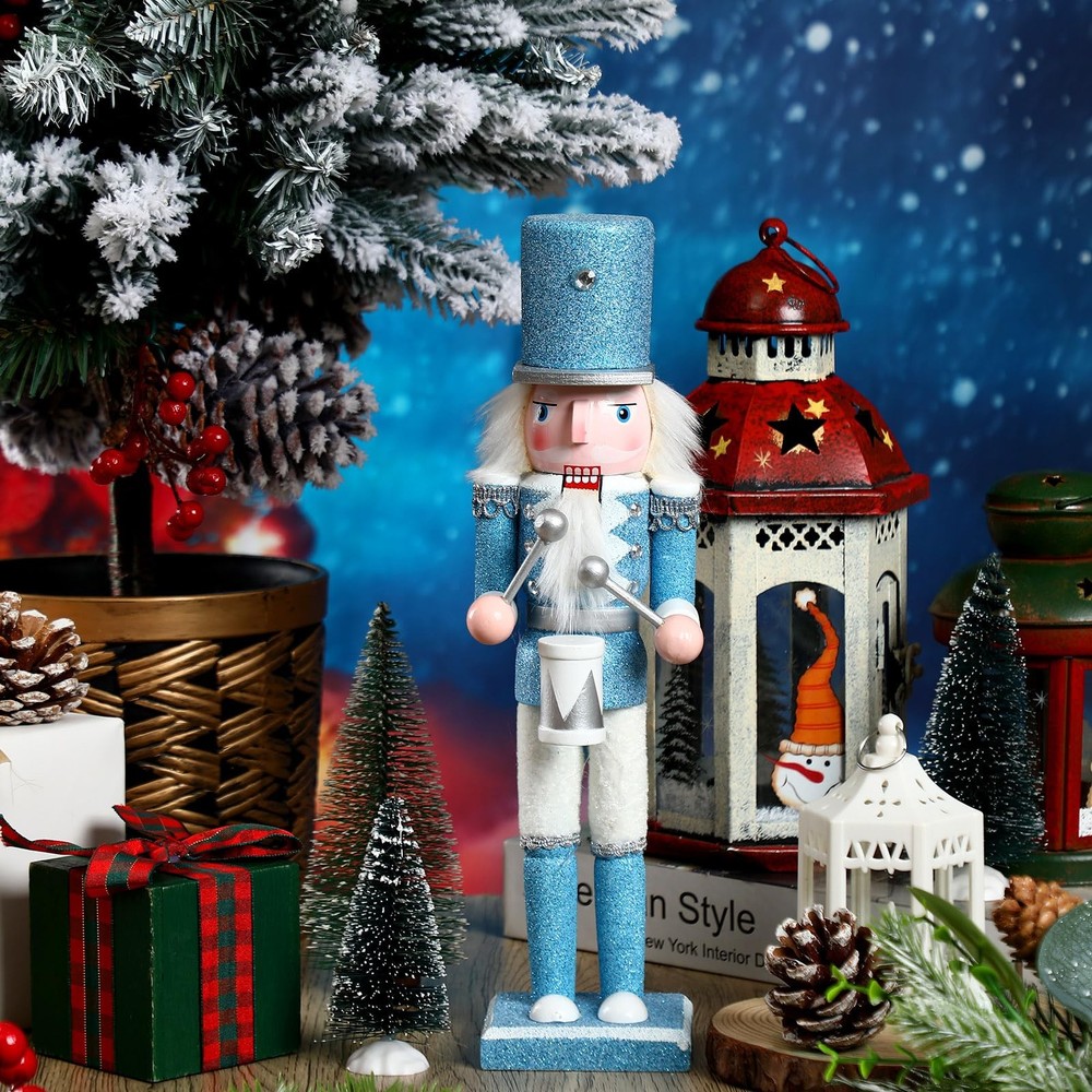 12 Inch Christmas Nutcracker Decorations White and Blue Drummer Nutcracker Winte