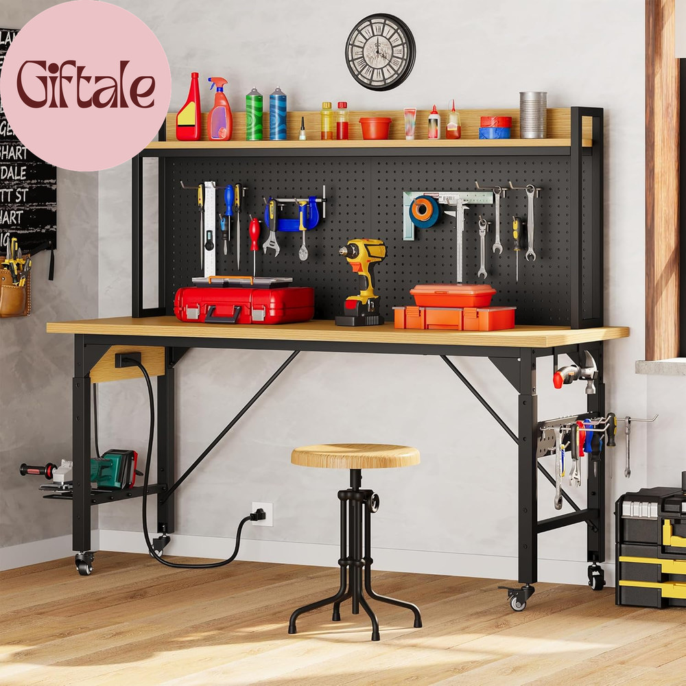 60" Adjustable Workbench with Pegboard, Heavy Duty Wood Top Work Bench with Whee