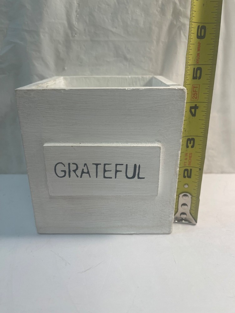 White Painted Square Wood Box “Grateful”