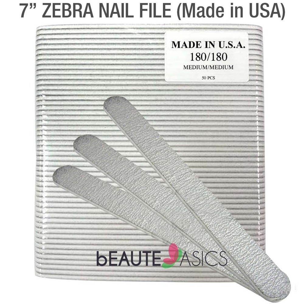 Professional Acrylic Nail File 180/180 Grit Zebra 7" 50-Pack Buffer Emery Board