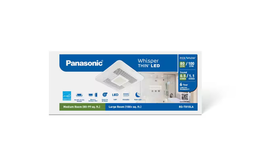 Panasonic WhisperThin DC LED Pick-A-Flow 80 -100 CFM Ceiling/Wall Bathroom Exha-