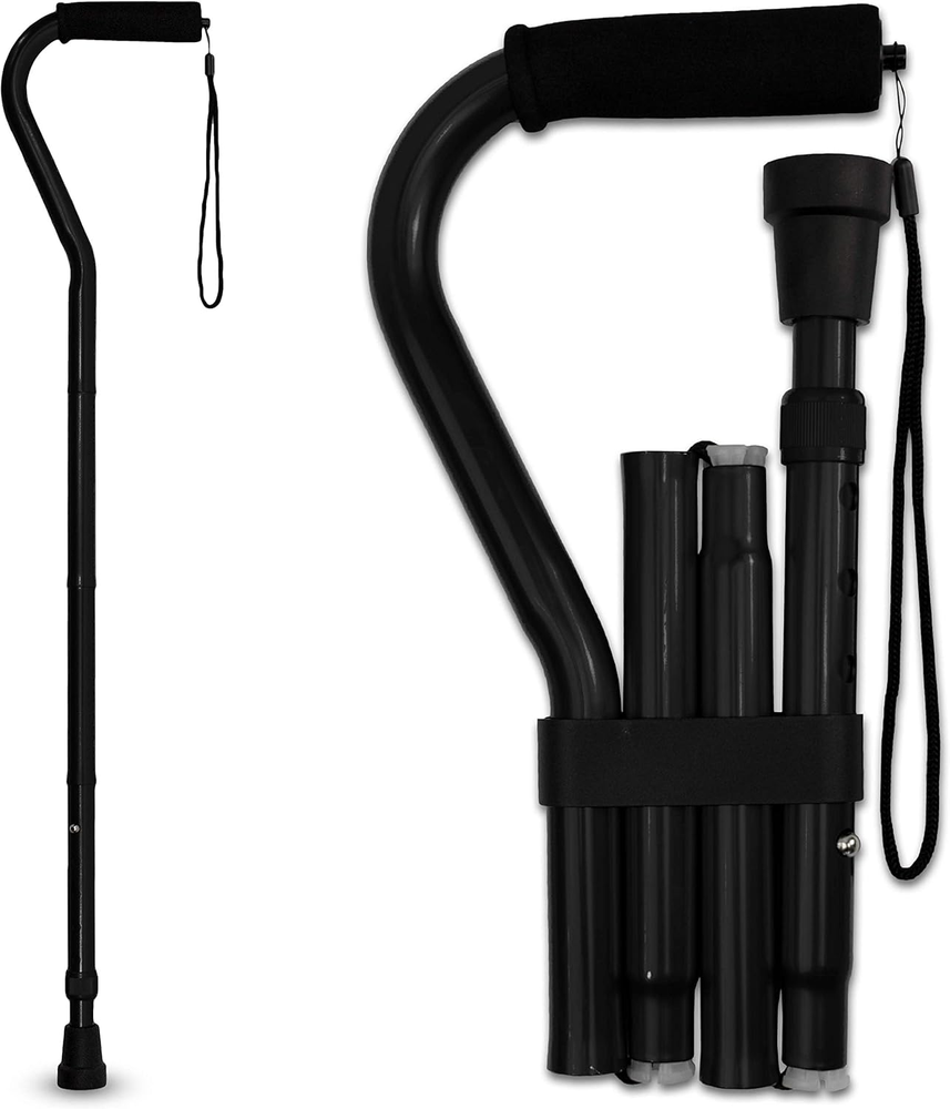 RMS Folding Cane with Offset Foam Handle, Adjustable Walking Stick with Carrying