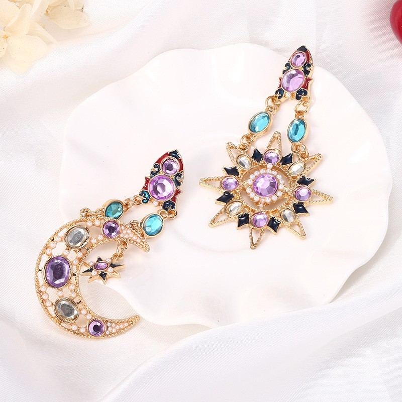 Celestial Sun Moon Drop Earrings Gold Crystal Star Statement Dangle