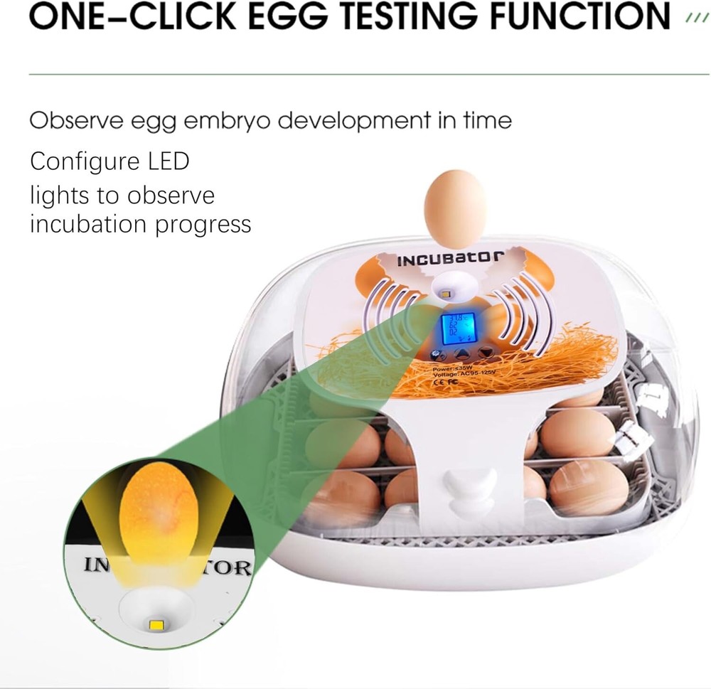 Egg Incubator with Humidity Display,LED Egg Candler,Automatic Egg Turner