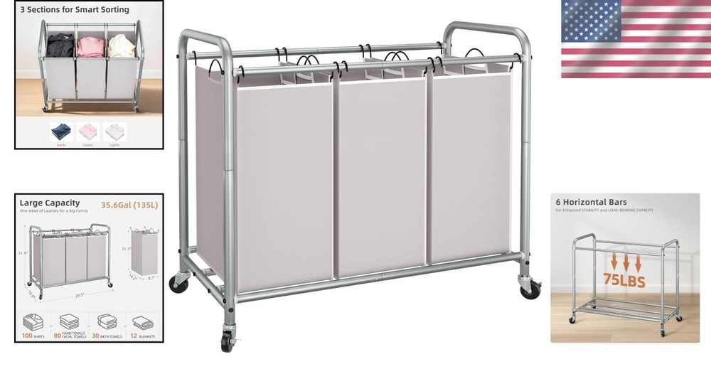 Eco-Friendly 3-Compartment Laundry Organizer with Rolling Wheels - Stylish Gray