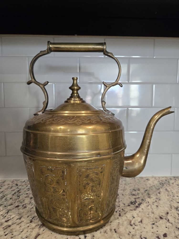 Vintage Moroccan Brass Tea Kettle  with Detailed Handle and Spout