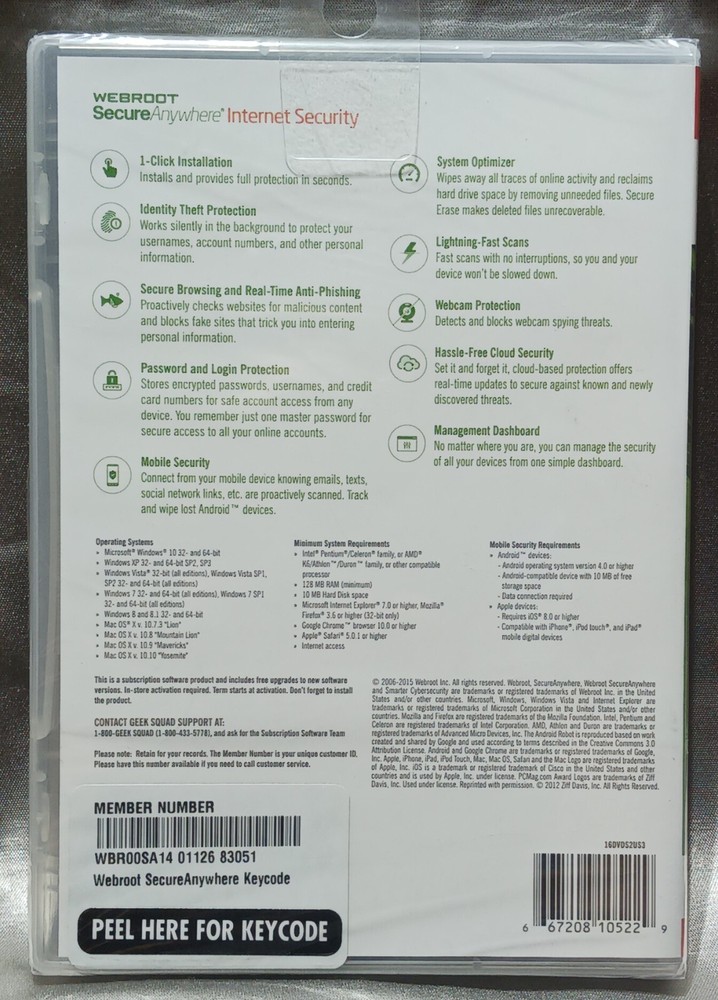 Webroot Secure Anywhere- Internet Security Software Factory Sealed 2015
