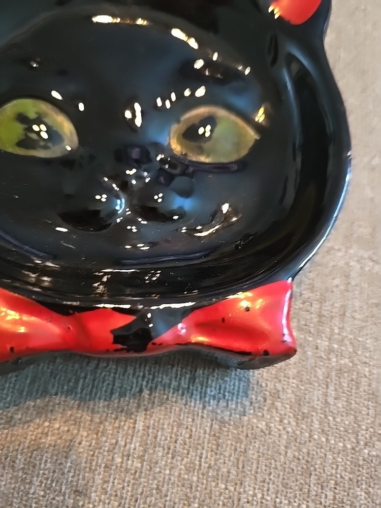 Vintage Redware Black Cat Ashtray