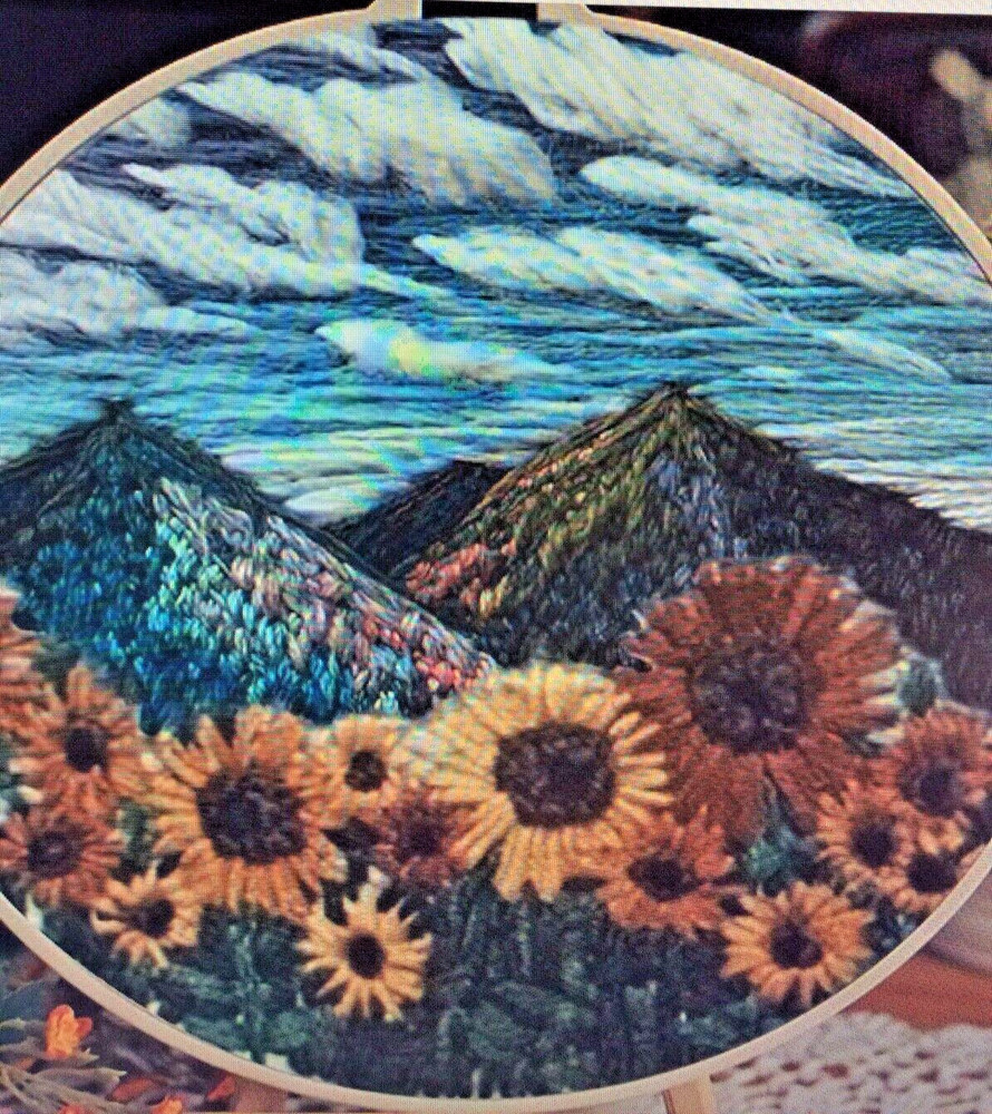 Landscape Embroidery Complete Kit Mountains, Sunflowers, Sky, Clouds
