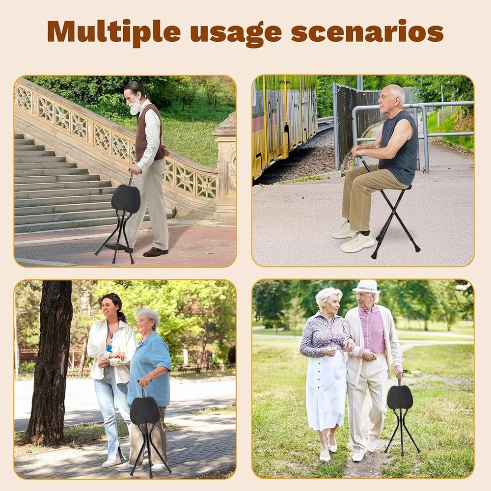 Brown Folding Cane Stool with Seat – Lightweight Adjustable Walking Cane for ...