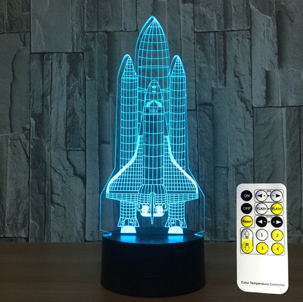 3D Space Rocket Night Light 7-Color Changing LED Table Lamp W/ Remote Control G