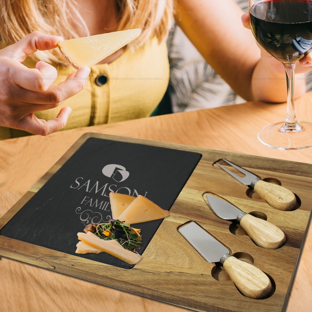 Custom Engraved Rectangle Cheese and Serving Board, Acacia and Slate