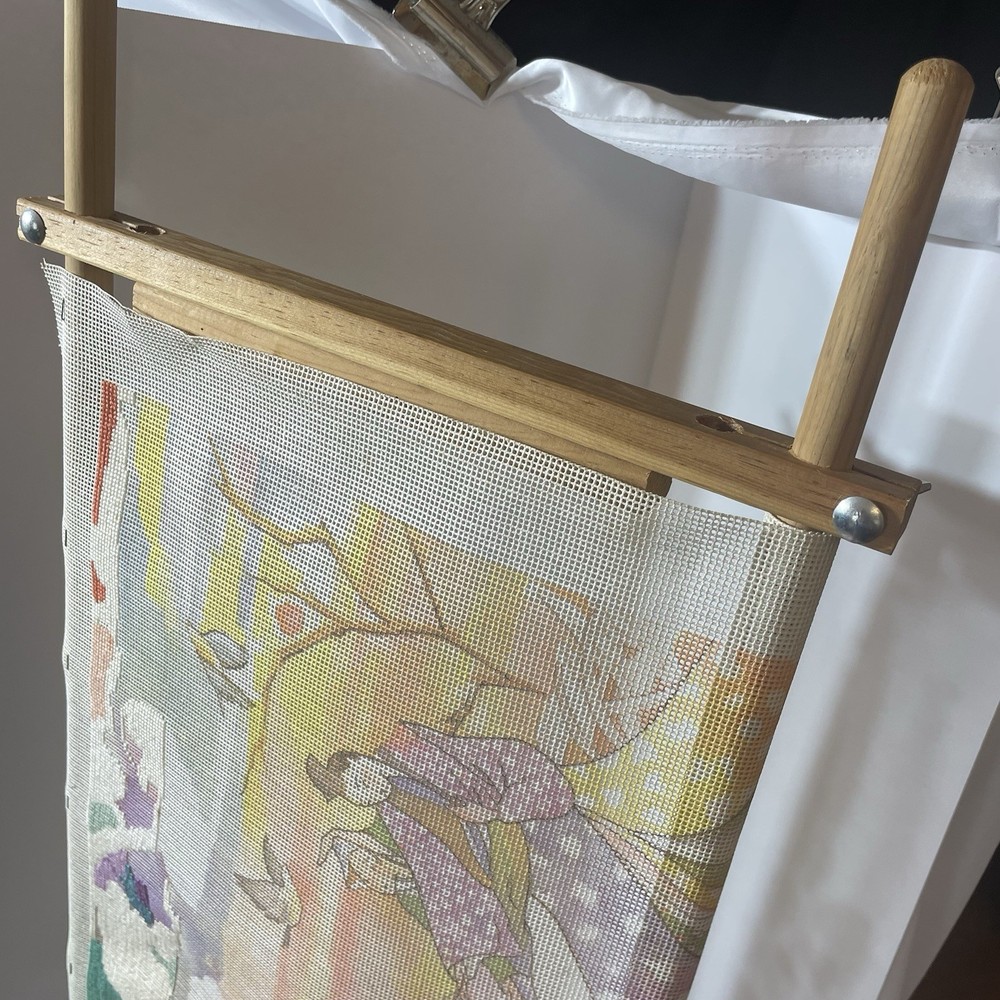 Rare, Needlepoint tapestry 'in process project' stretch scroll frame Asian