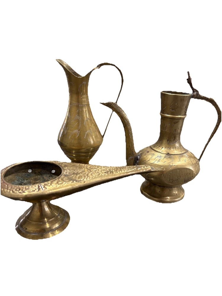 3 Pc  Brass middle eastern tiny pitchers