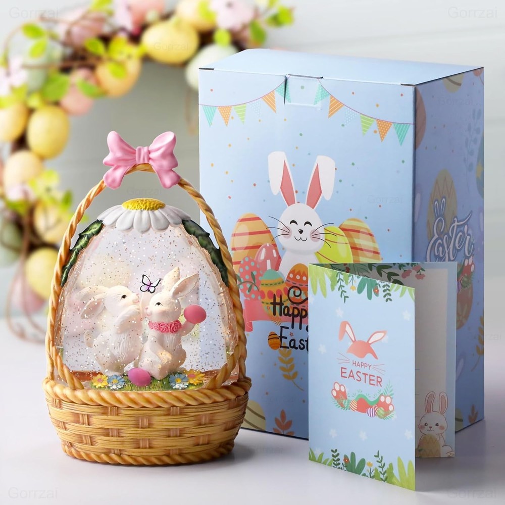 Easter Snow Globe Lantern Easter Decorations for Home with Timer Swirling Gli...
