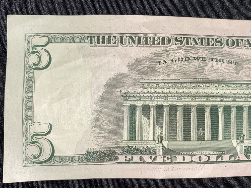 2017A $5 Bill Ink Error SeeThrough Reverse Of Note on serial number