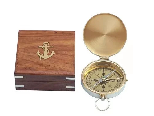 Solid Brass Gentlemen's Compass with Rosewood Box, 4", Brass