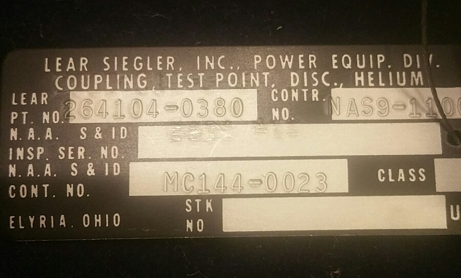 Lear Siegler Apollo Lunar Module Reaction Control System Helium Coupling NOS