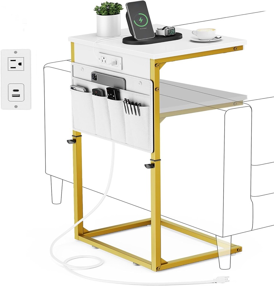 C Shaped End Table W/ Charging Station Adjustable Height Couch Sofa Side Table
