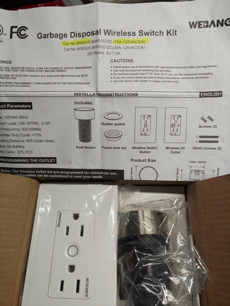 WEBANG 2 HP Wireless Switch Kit Black for Garbage Disposal Model WWS1S