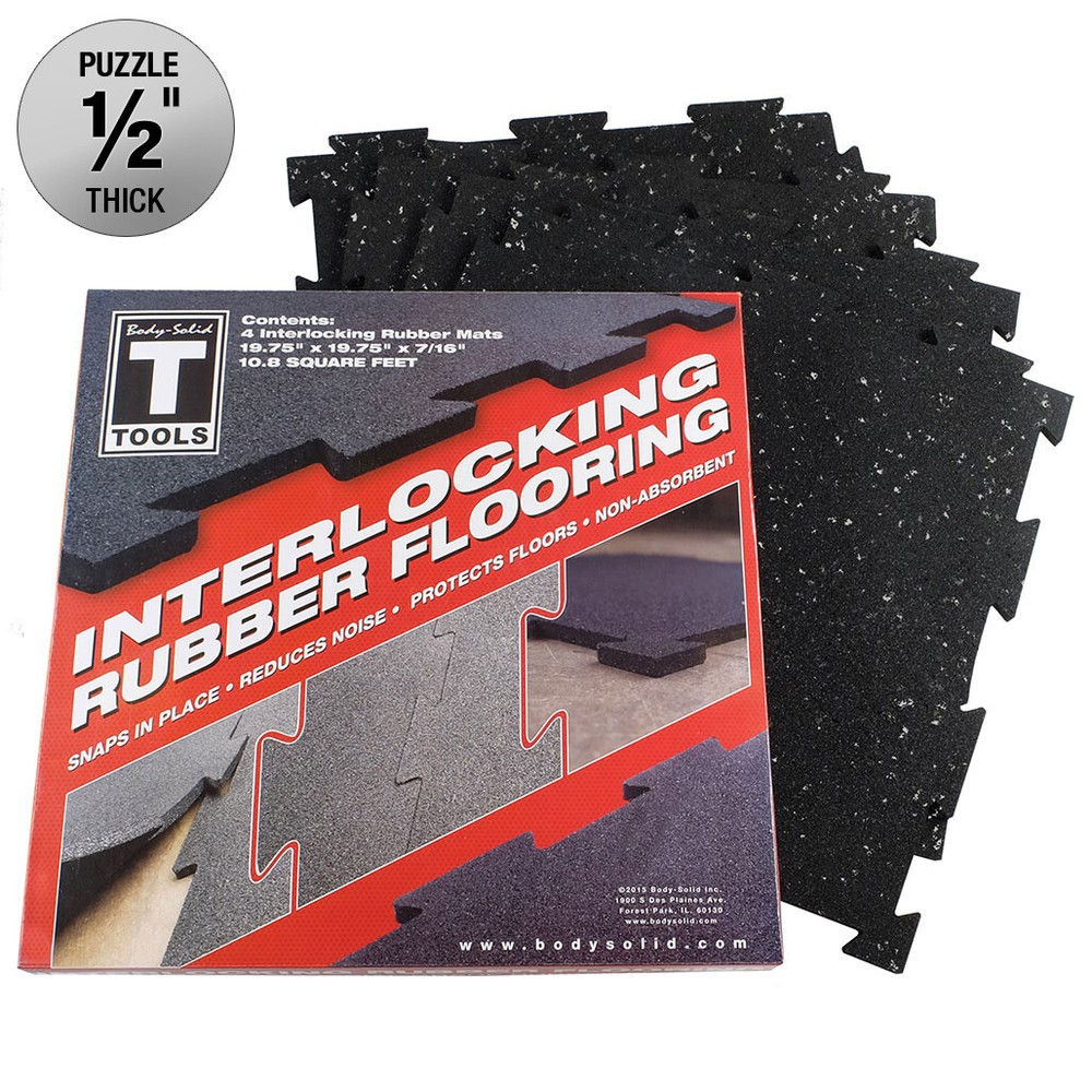 Body-Solid Tools Interlocking Rubber Flooring Box of 4, Grey Speck
