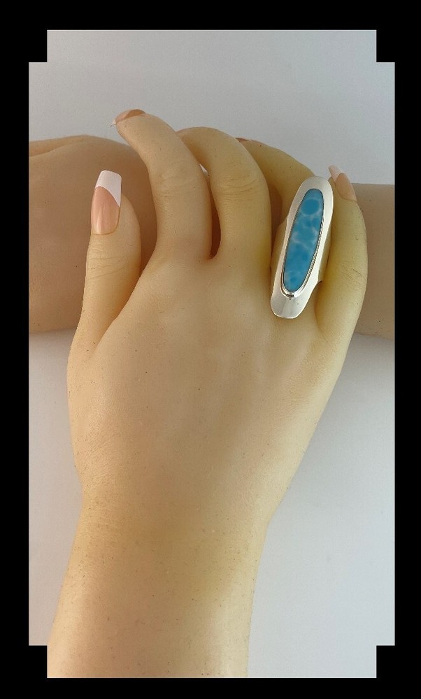 Long Sleek Sterling and Larimar Ring