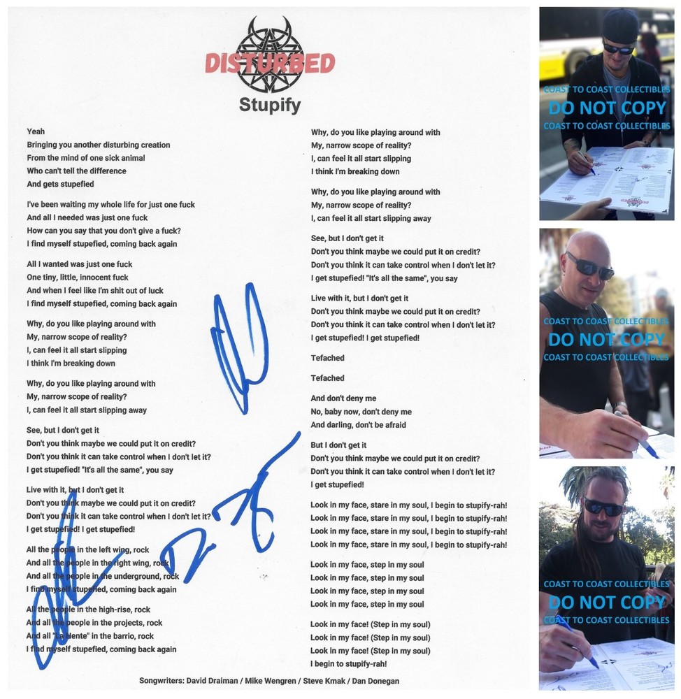 Disturbed Band Signed Stupify Lyrics Sheet COA Exact Proof Autographed