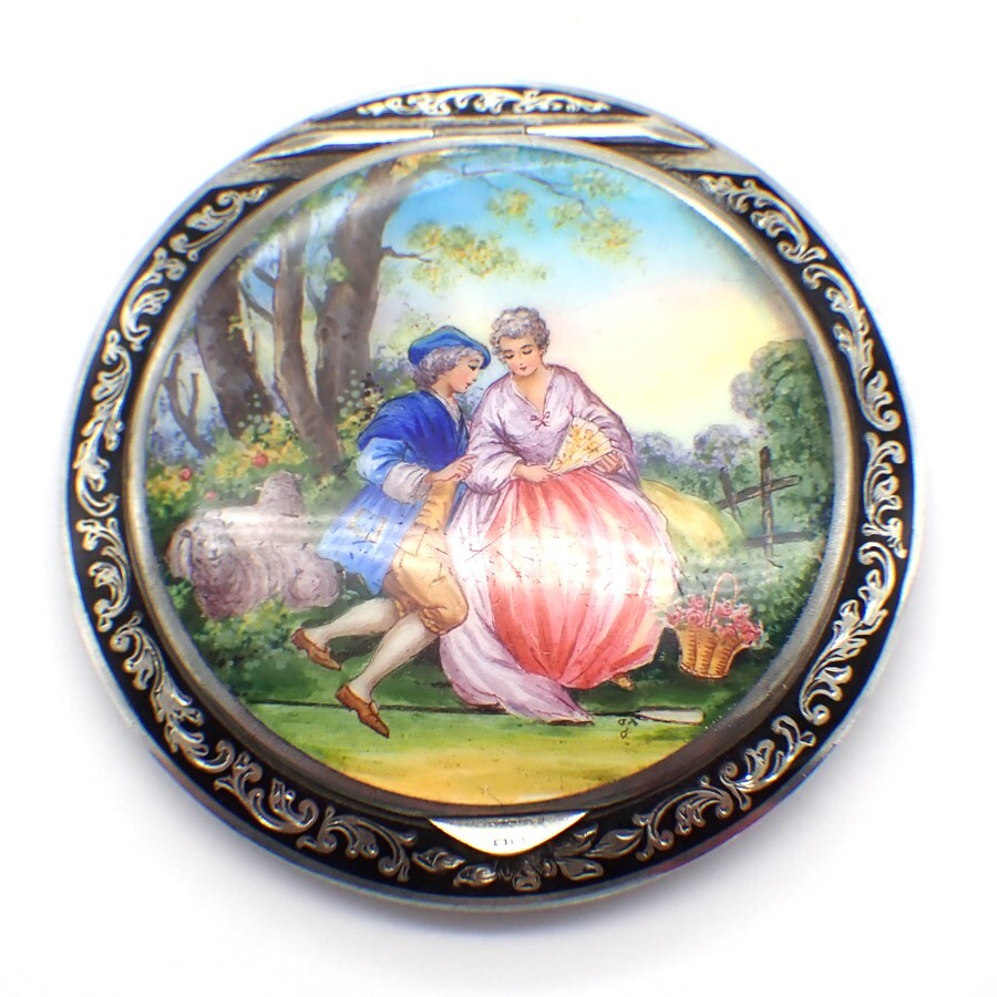 Compact Enamel Painted Courting Scene Sterling Silver Austria