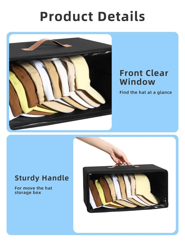 2 Pack Front-Opening Hat Organizer for Baseball Caps, Stackable Rigid Hat Sto...
